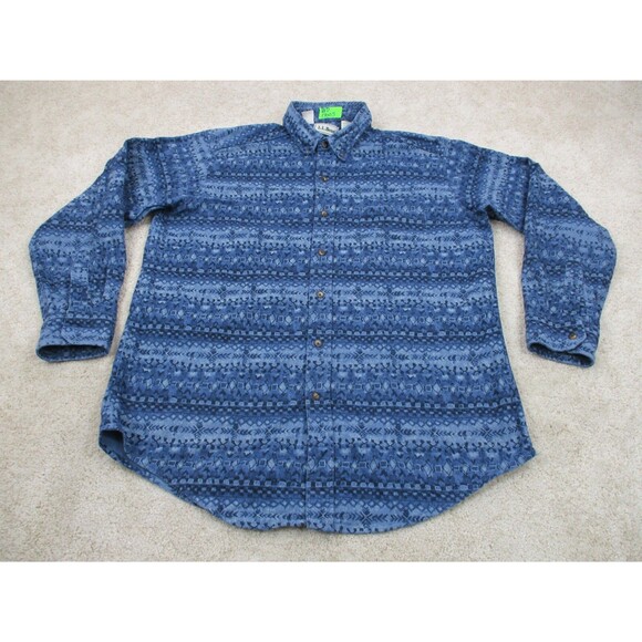 VINTAGE LL Bean Shirt Men Extra Large XL Blue Graphic Print Button Up Cotton USA - Picture 1 of 9